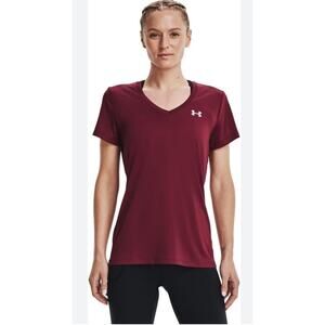 Under Armour Womens Wine Berry Burgundy Athletic Short Sleeve V Neck Top Medium
